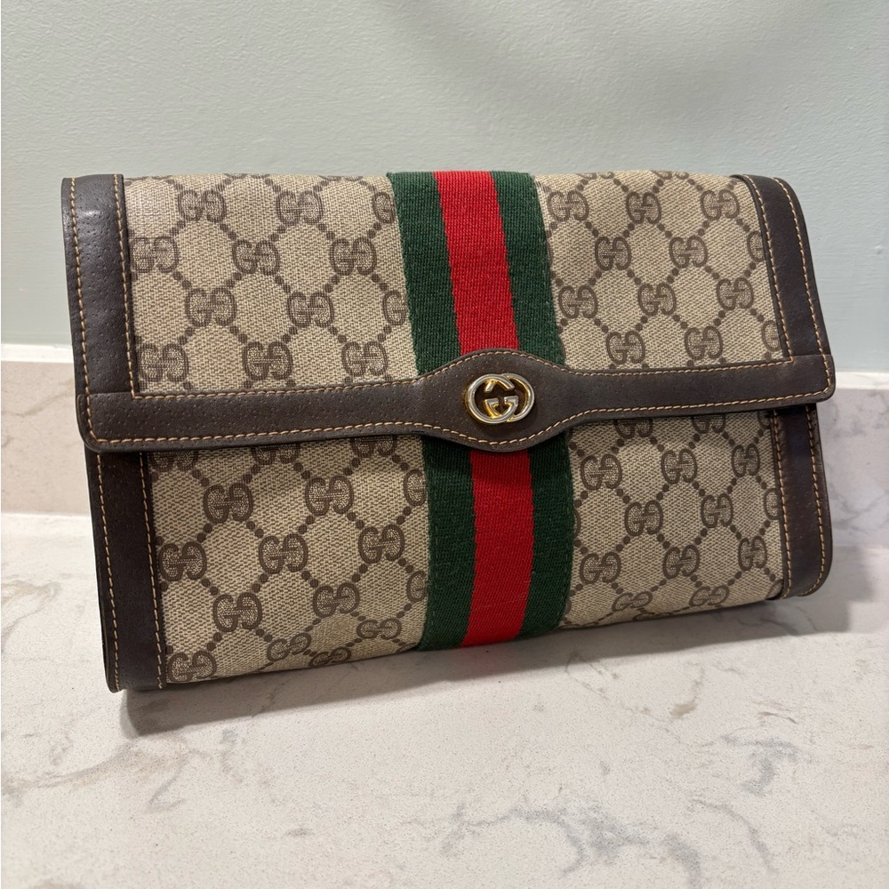 Gucci Beige and Brown Clutch with Red and Green Stripe